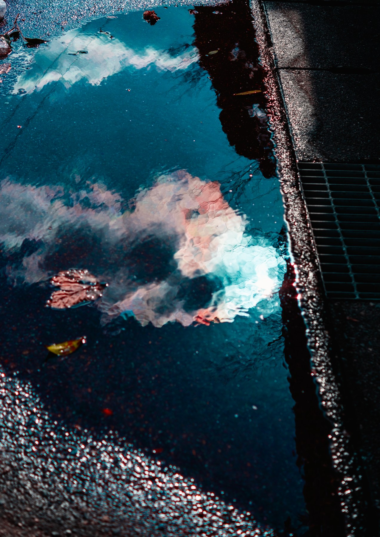 Blue sky and pale clouds reflected in a puddle beside a wet pavement and drain.